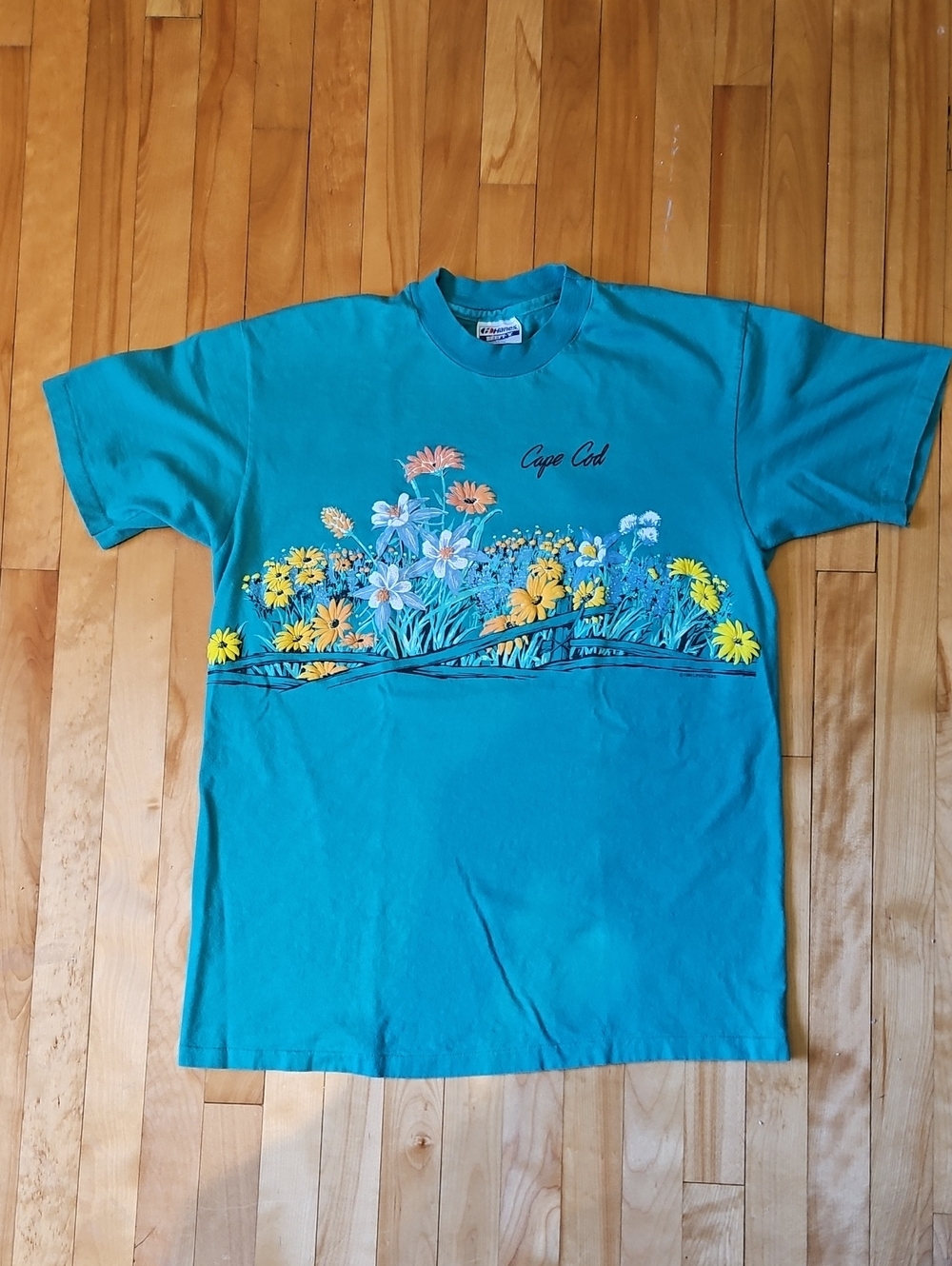 Vintage 1990 Hanes Teal Floral Graphic Short Sleeve Tee